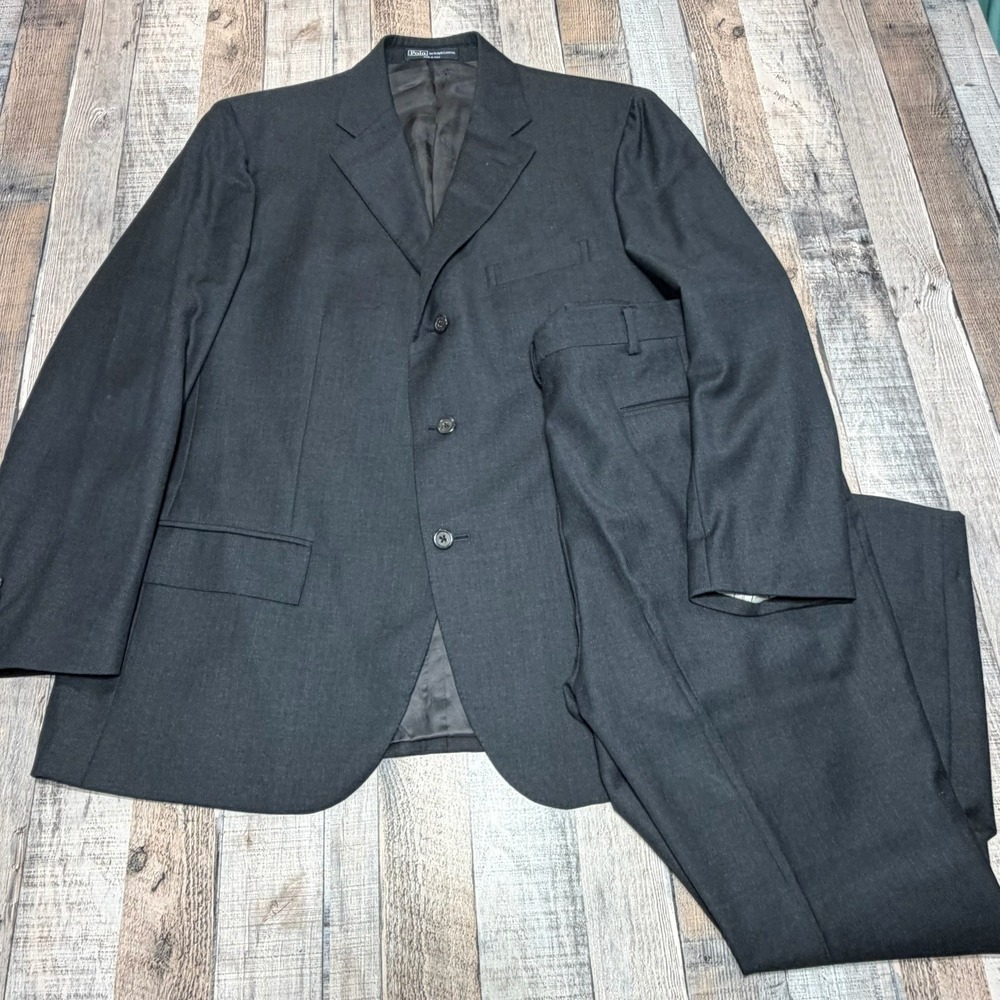 Polo Ralph Lauren Suit Men 44R Gray Wool Italy Vintage 90s Blue Label Designer